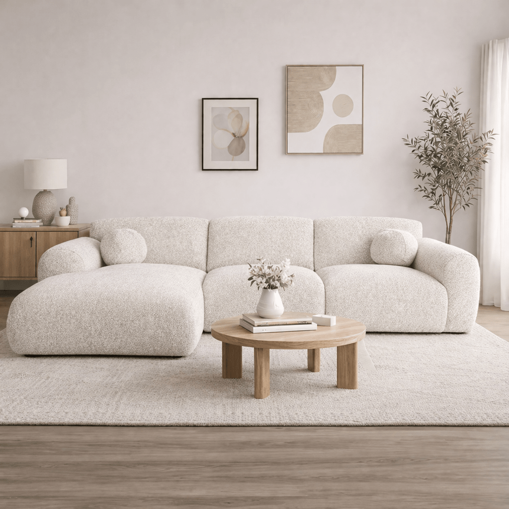 Canapé d'angle tissu bouclé beige - 292x169 cm - Shane - gauche