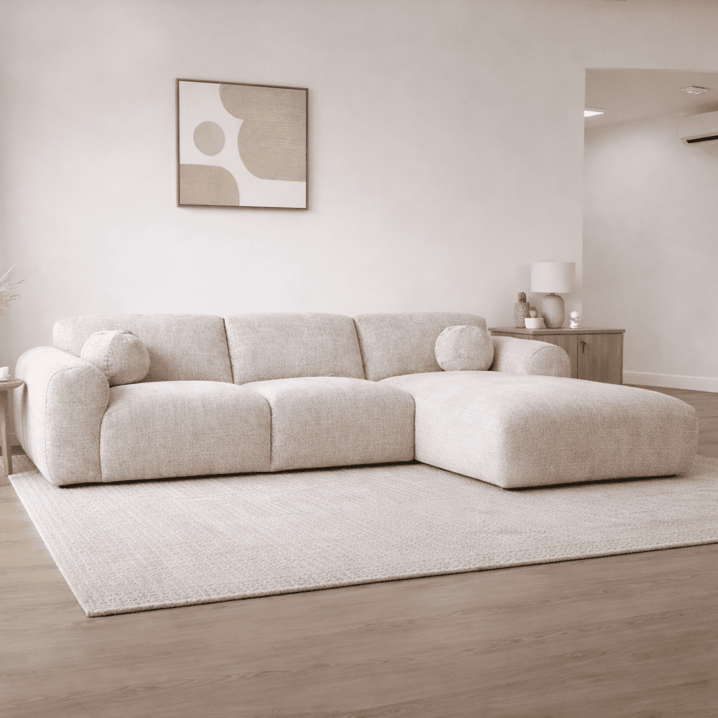 Canapé d'angle avec tissu chenille beige Shane - à droite