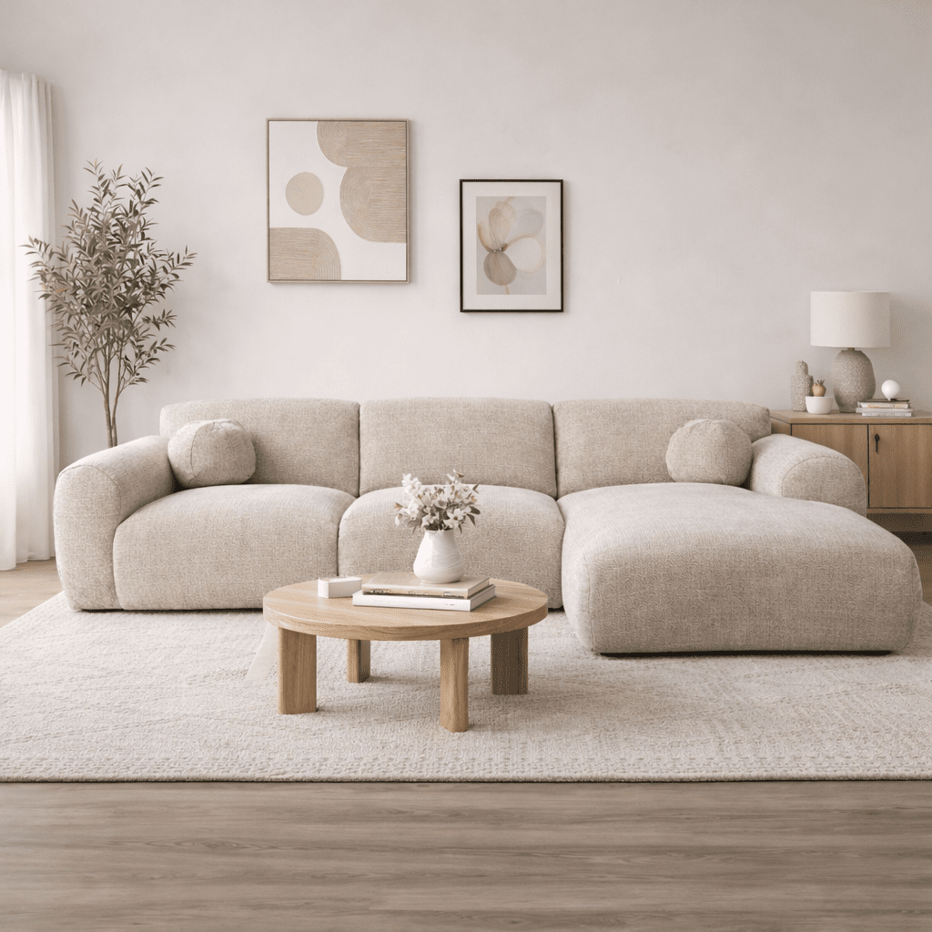 Canapé d'angle avec tissu chenille beige Shane - à droite