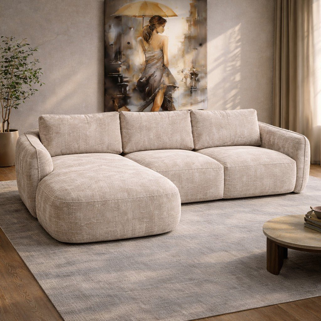 Canapé d'angle chaise longue beige tissu structuré Dwayne - gauche