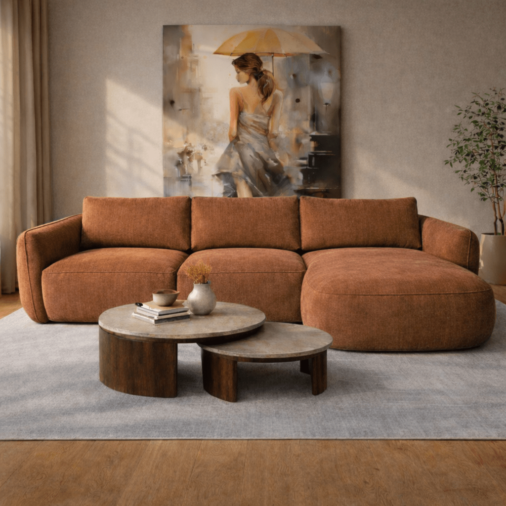 Canapé d'angle chaise longue en tissu structurel cuivré Dwayne - droite