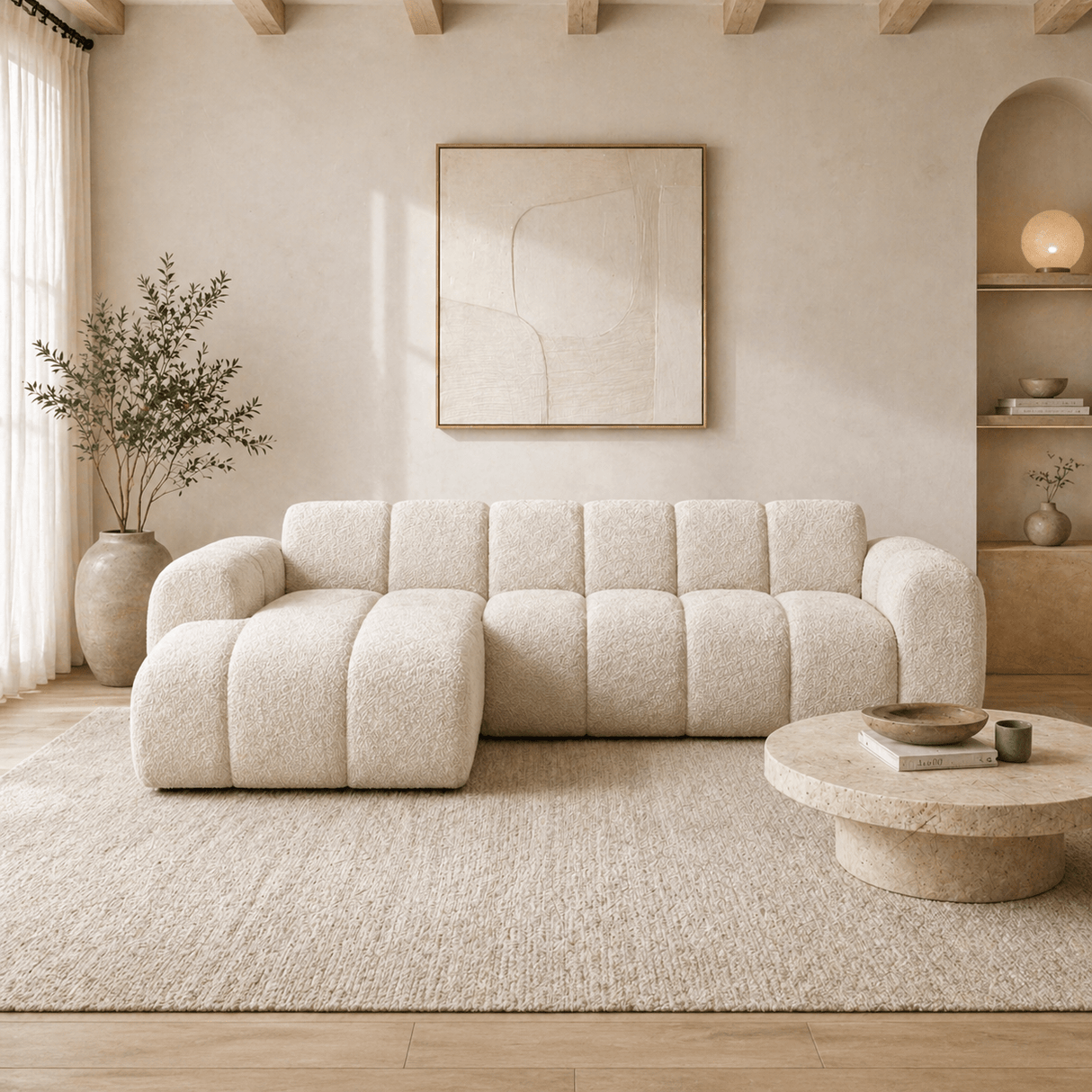 Canapé d'angle lounge tissu bouclé beige - rayures - gauche - Brix