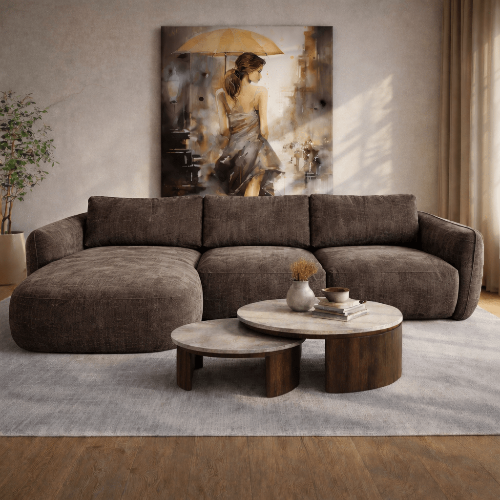 Canapé d'angle chaise longue moka brun tissu structuré Dwayne - gauche