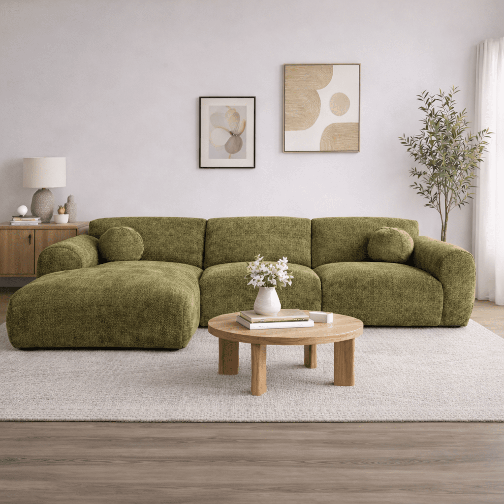 Canapé d'angle avec méridienne en tissu chenille vert olive Shane - à gauche