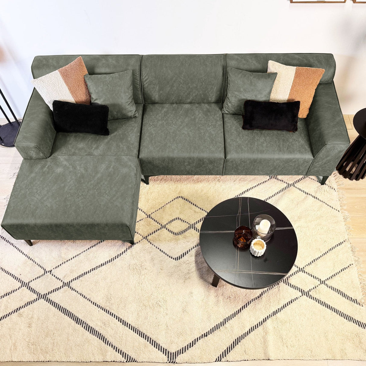 Canapé d'angle avec salon compact en microfibre vert Davidson - gauche