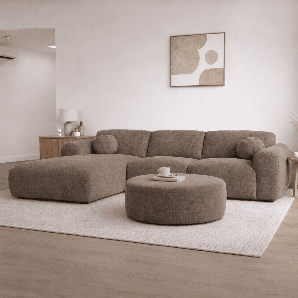 Canapé d'angle avec revêtement en chenille taupe Shane - gauche