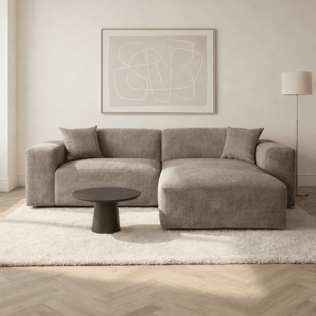 Hoekbank taupe chenille Wayne 264 cm - hoek links en rechts monteerbaar