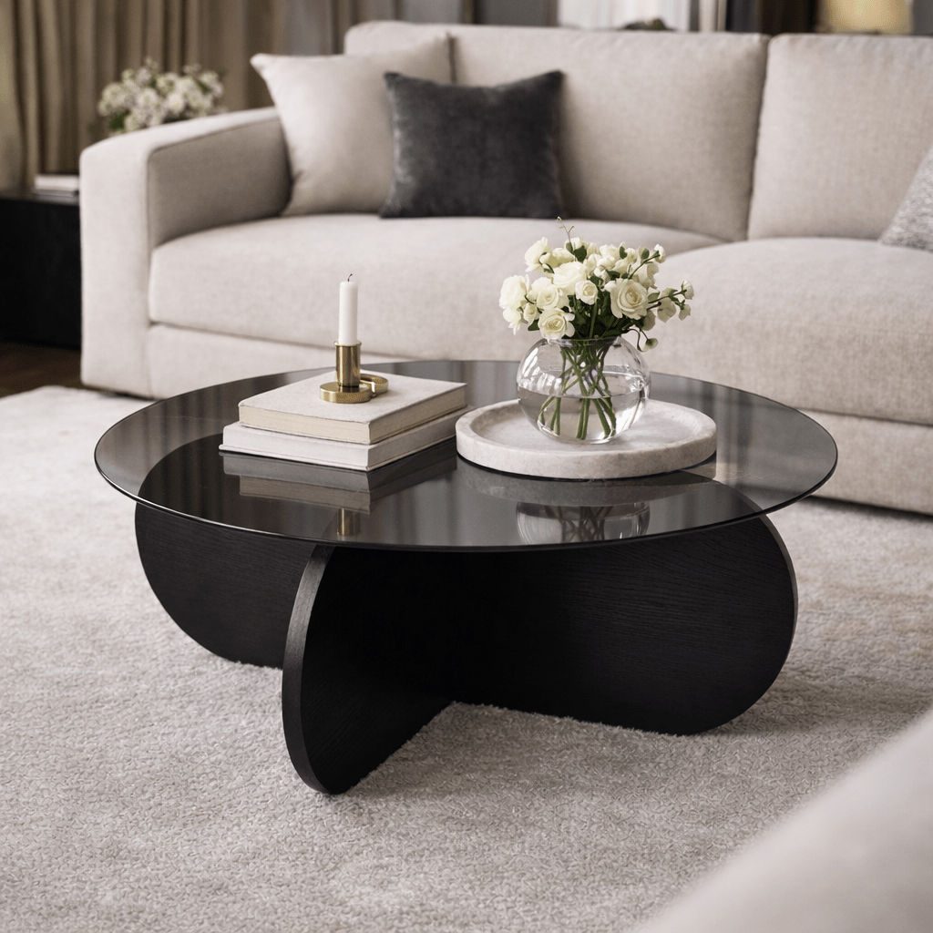 Table basse Aris ronde 75 cm en verre - Pied noir