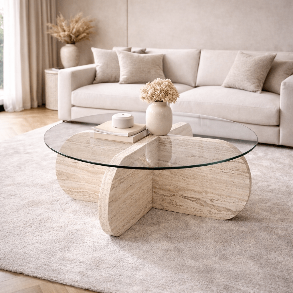 Table basse Aris ronde 75 cm en verre - Piètement en travertin