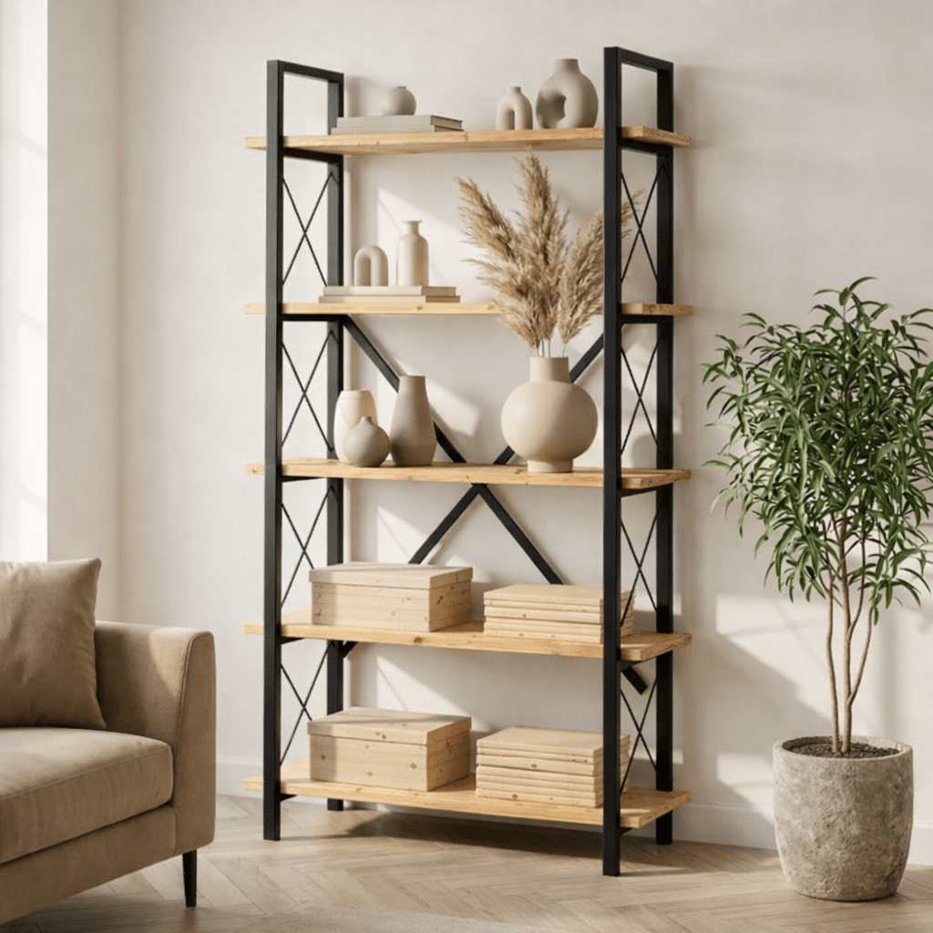 Bibliothèque industrielle chêne mélaminé Ely - structure noire - 180x90 cm
