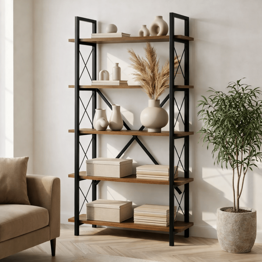 Boekenkasten - Industriële boekenkast walnoot melamine Ely - zwart frame - 180x90 cm - Dimehouse
