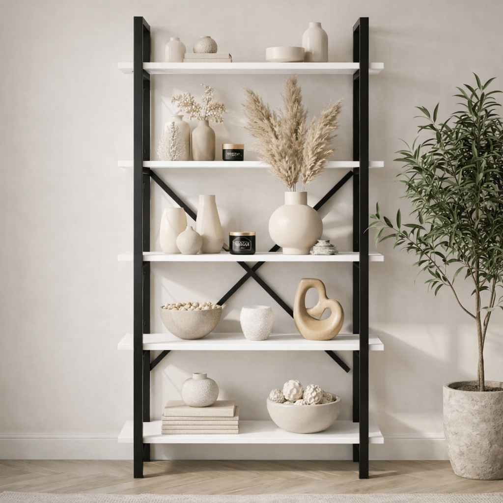 Bibliothèque industrielle mélamine blanche Ely - Structure Noire - 180x90 cm