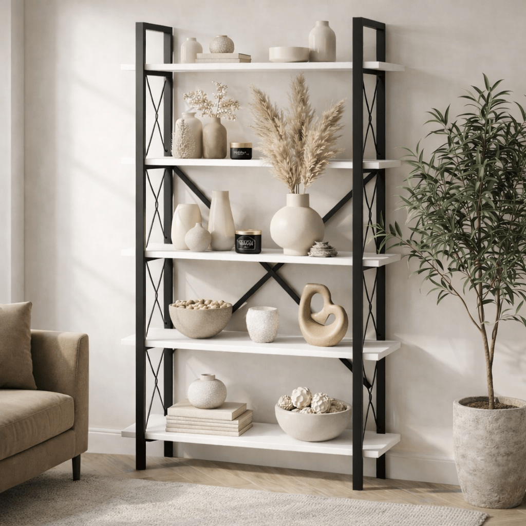 Bibliothèque industrielle mélamine blanche Ely - Structure Noire - 180x90 cm