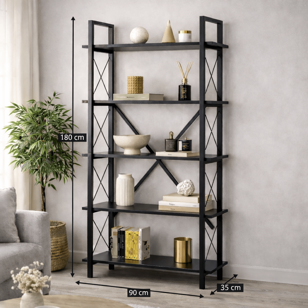 Boekenkasten - Industriële boekenkast zwart melamine Ely - Zwart Frame - 180x90 cm - Dimehouse