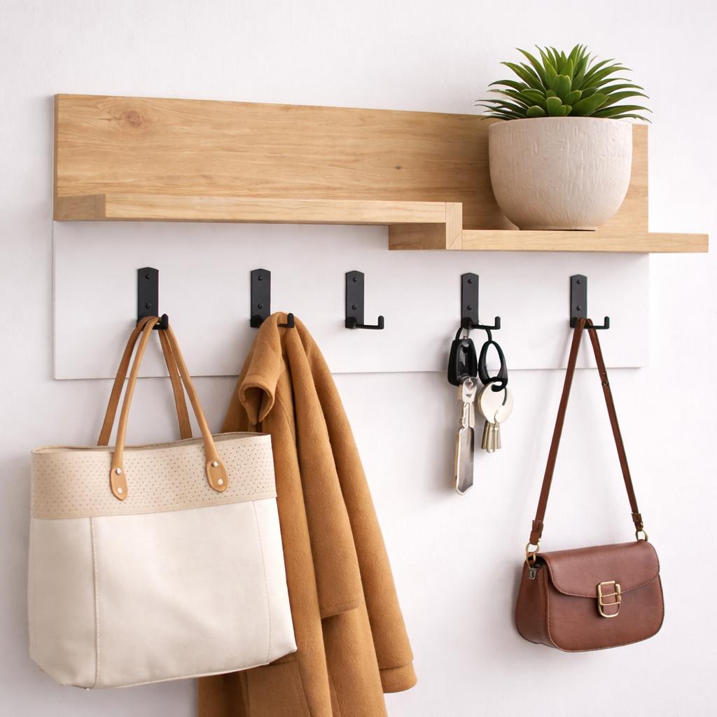 Cintre 5 crochets Blanc, Mélamine en chêne - 65 cm