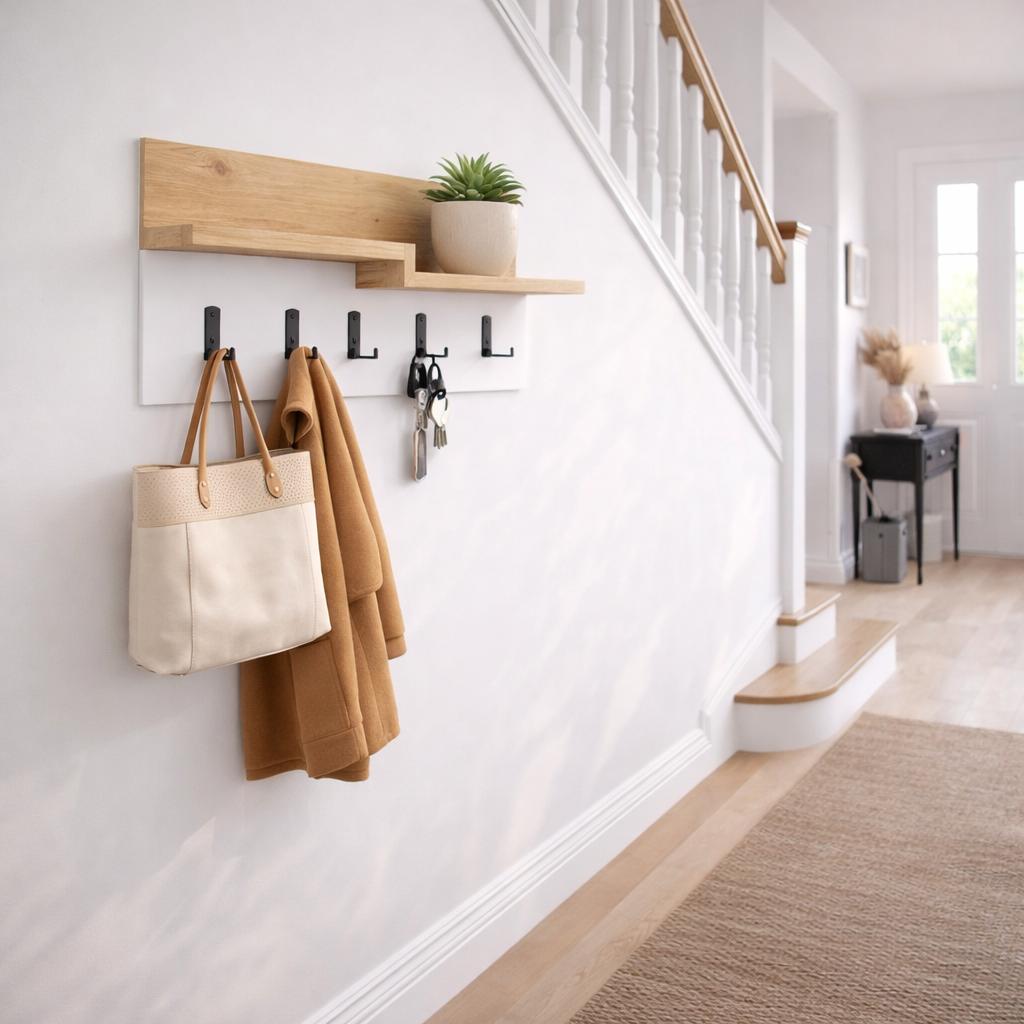 Cintre 5 crochets Blanc, Mélamine en chêne - 65 cm