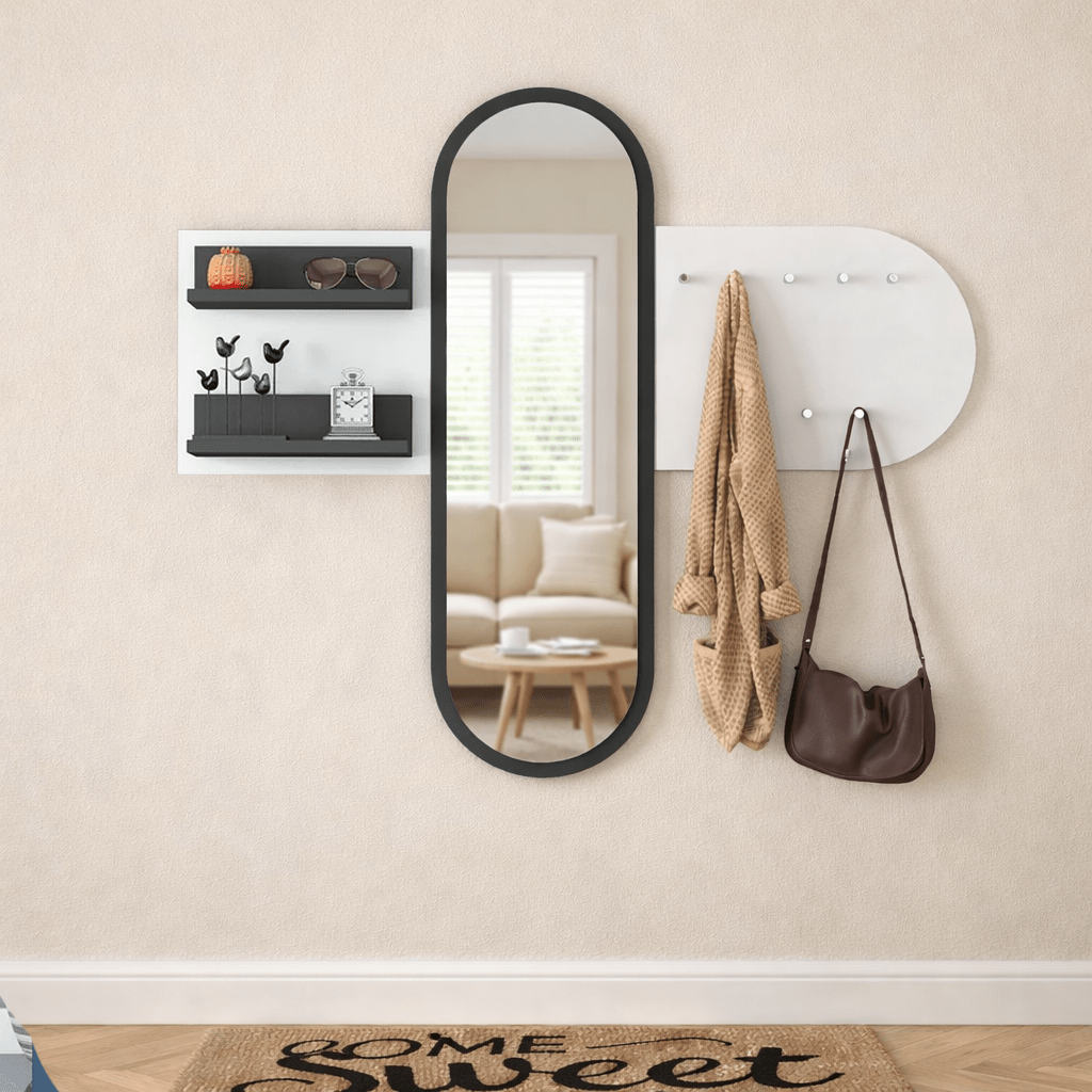 Porte-manteau Blanc Mélamine 9 Crochets - Avec Miroir - Deux Étagères