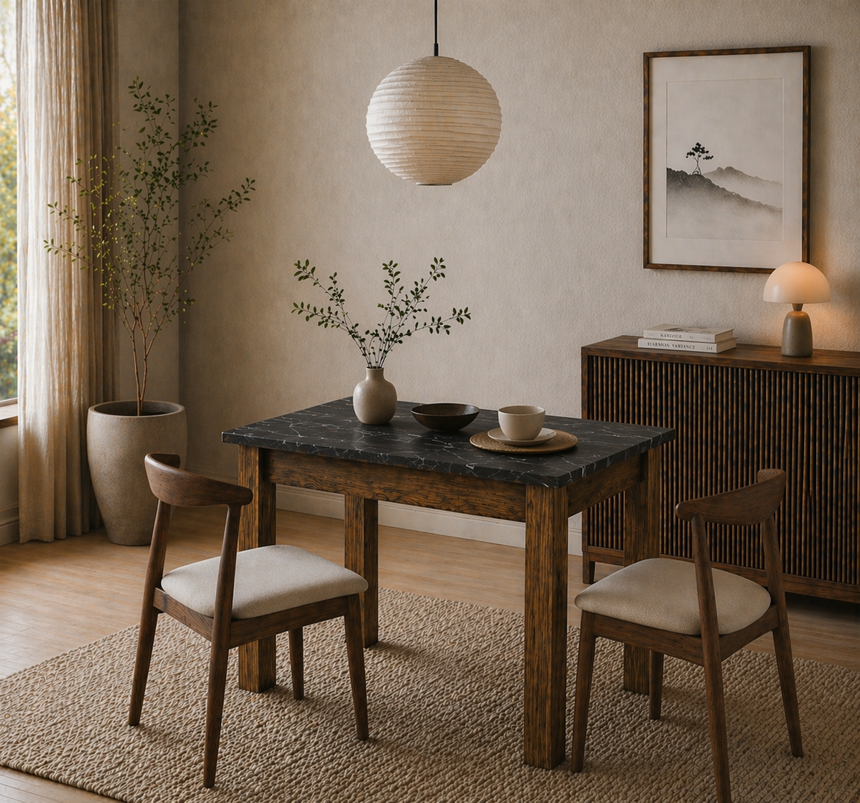 Petite table à manger noyer avec mélamine noire – 110 cm – avec espace de rangement – Kara