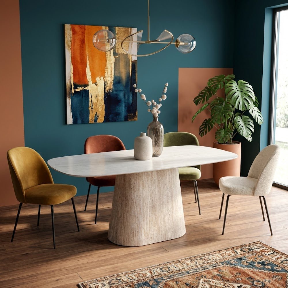 Table à manger en travertin aspect marbre en pierre frittée Lea 180x90 cm - Ovale danois