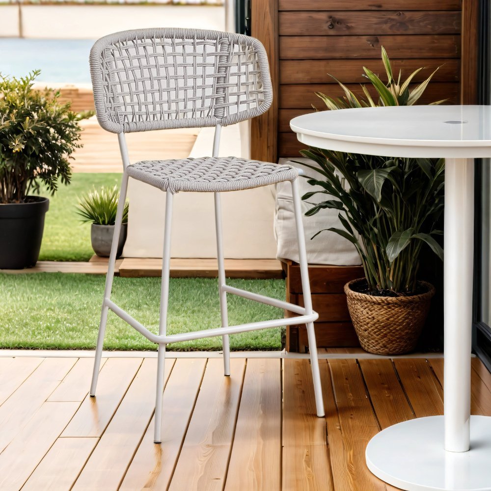 Tabouret de jardin extérieur blanc Leslie en corde