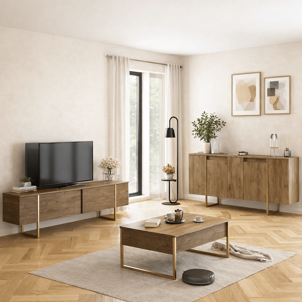 Ensemble de meubles de luxe en noyer - Table basse, meuble TV et buffet - Cadre doré