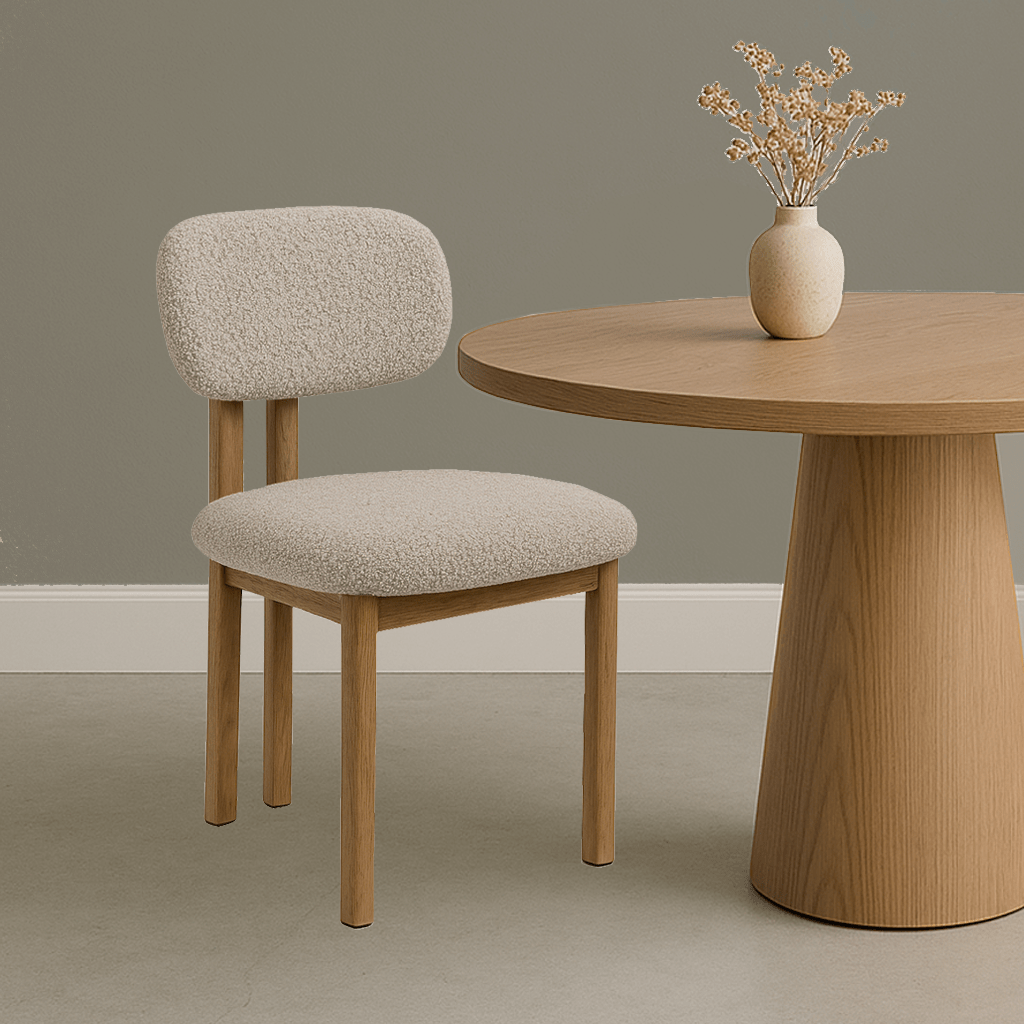 Chaise de salle à manger Japandi Miyo Bouclé Couleur Sable - Cadre Aspect Chêne