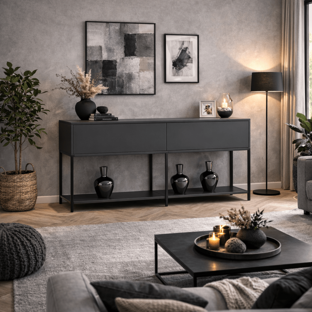 Commode moderne anthracite Lord 150x30x80 - Cadre noir - Deux compartiments