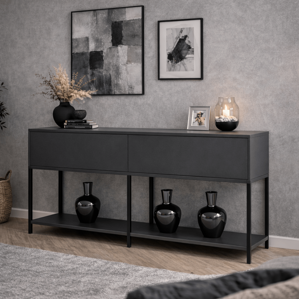 Commode moderne anthracite Lord 150x30x80 - Cadre noir - Deux compartiments