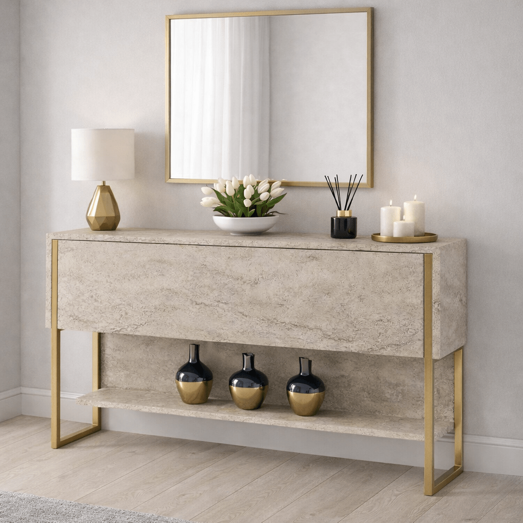Dressoirs - Modern Dressoir Travertin Luxe 120x80x30 - Gouden Frame - Eén Vak - Dimehouse