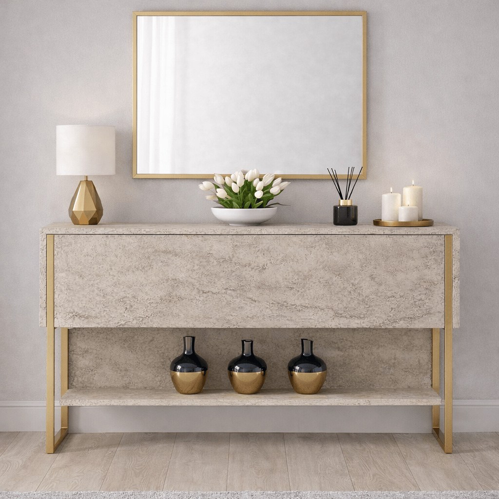 Dressoirs - Modern Dressoir Travertin Luxe 120x80x30 - Gouden Frame - Eén Vak - Dimehouse
