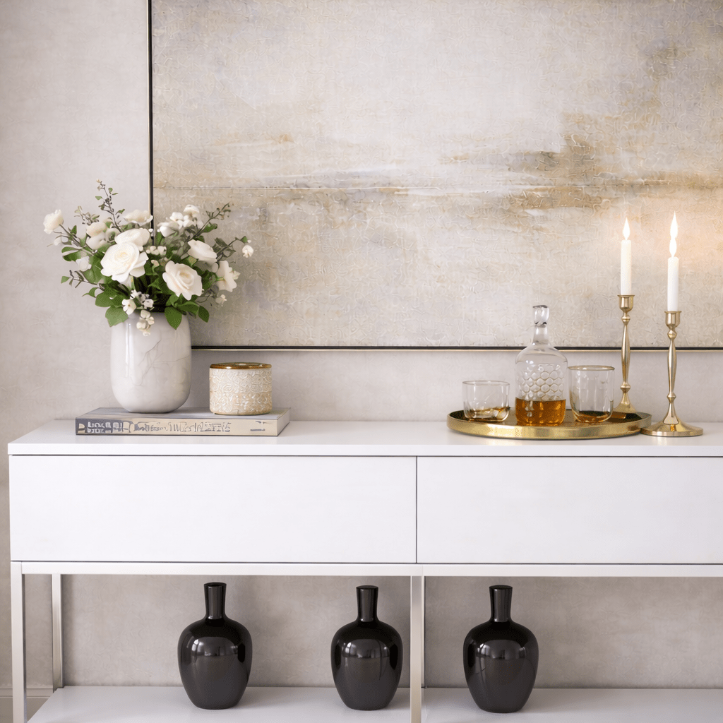 Commode moderne White Lord 150x30x80 - Cadre argenté - Deux compartiments