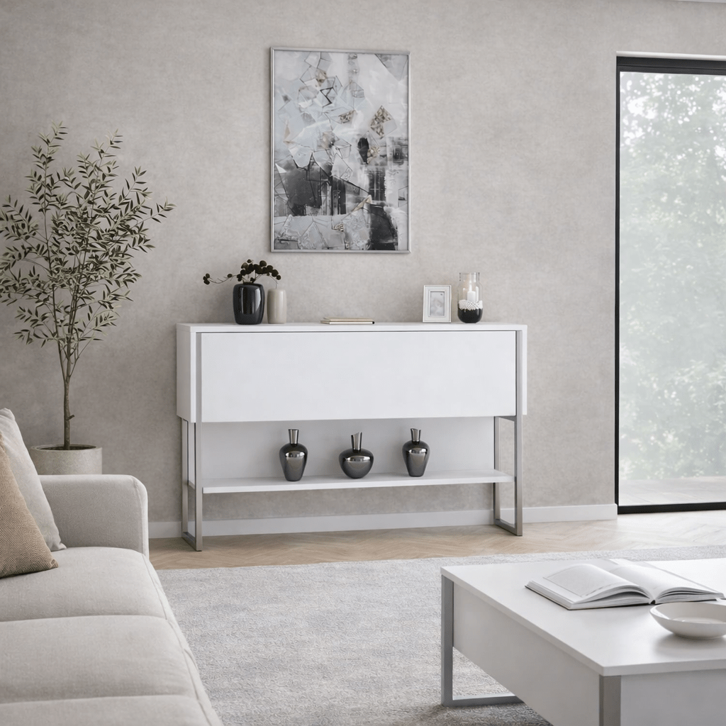 Dressoirs - Modern Dressoir Wit Luxe 120x80x30 - Zilver Frame - Eén Vak - Dimehouse