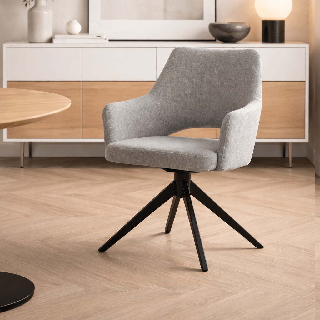 Chaise de salle à manger moderne pivotante en tissu gris Sid - Avec accoudoirs