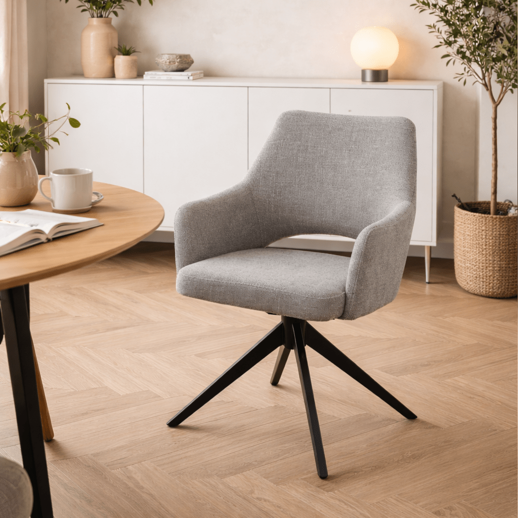 Chaise de salle à manger moderne pivotante en tissu gris Sid - Avec accoudoirs