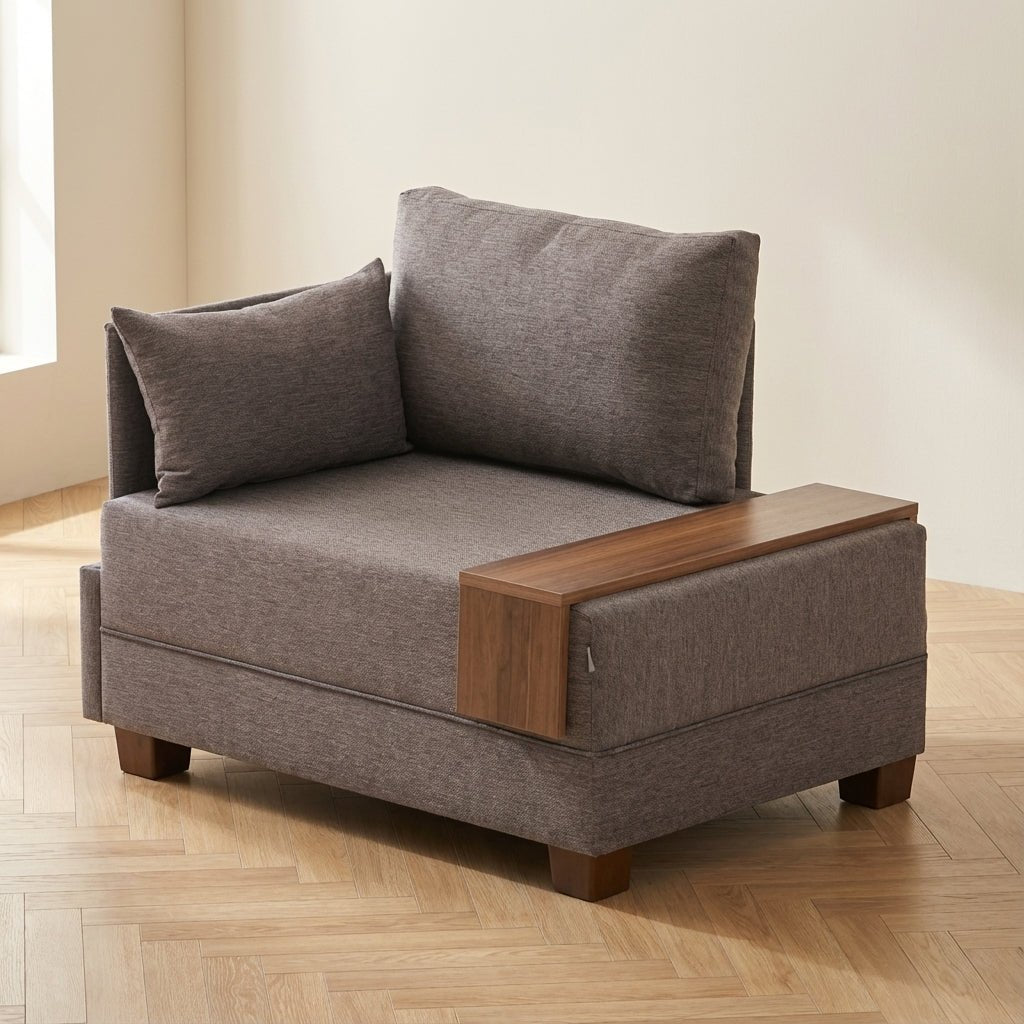 Fauteuil moderne en tissu marron Fly - Gauche - Avec table en bois photo d'ambiance dans un intérieur moderne