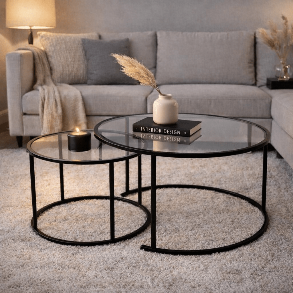 Ensemble de Tables Basses Rondes Modernes de 2 Uru Noir - Verre Transparent - 80/60 cm