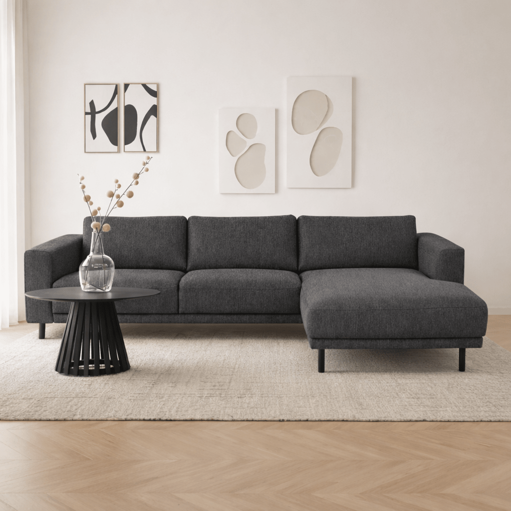 Canapé d'angle moderne droit en tissu anthracite Aniko avec chaise longue 238x142x78 cm