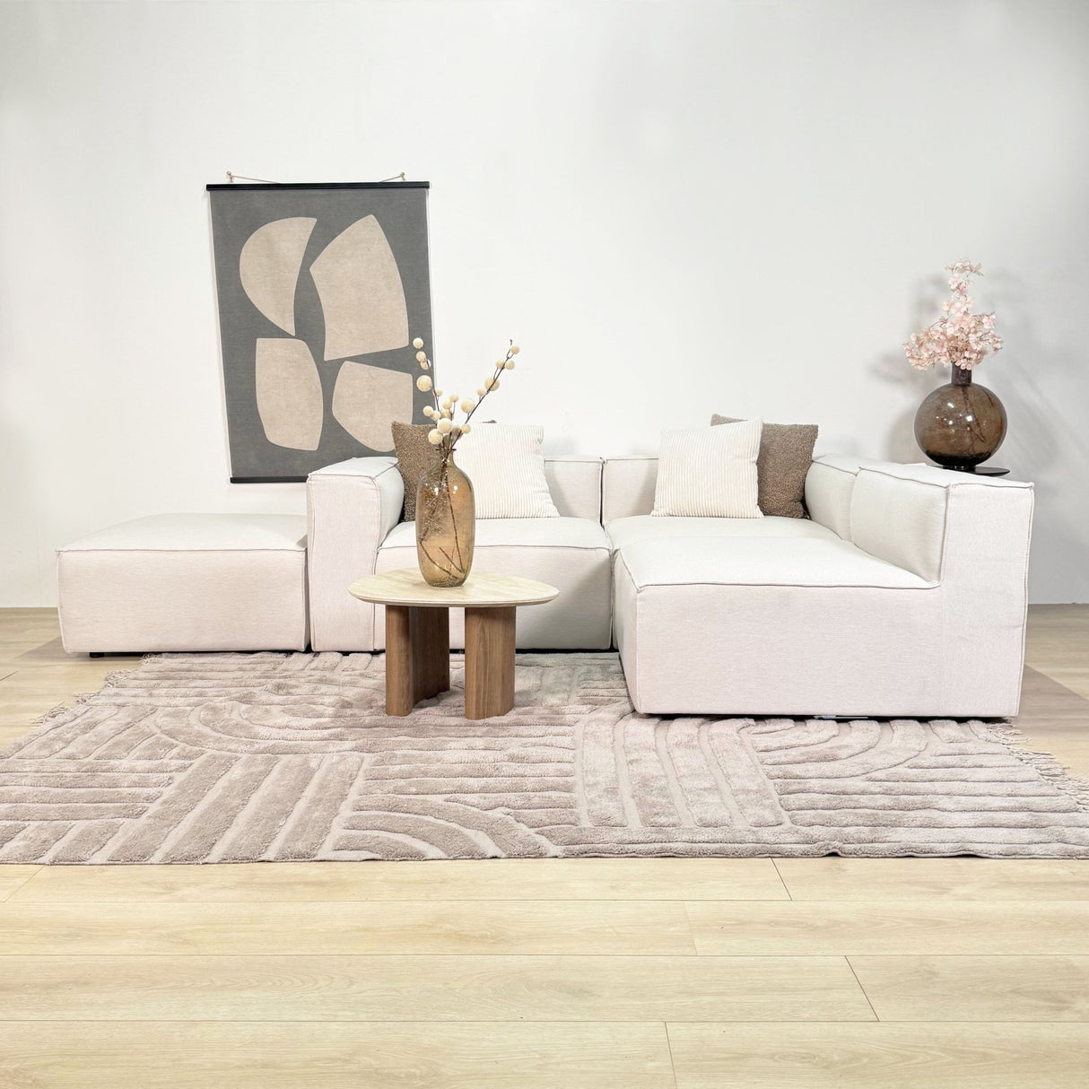 Canapé d'angle modulaire avec pouf détachable en tissu de lin beige écru Fora - gauche