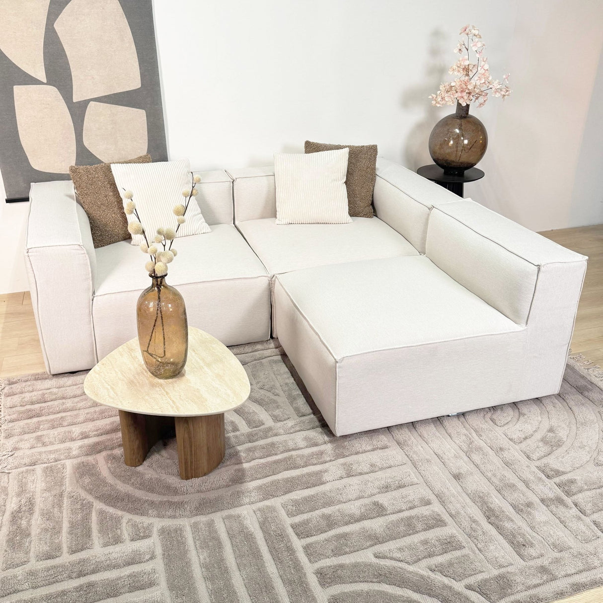 Canapé d'angle modulaire avec pouf détachable en tissu de lin beige écru Fora - gauche