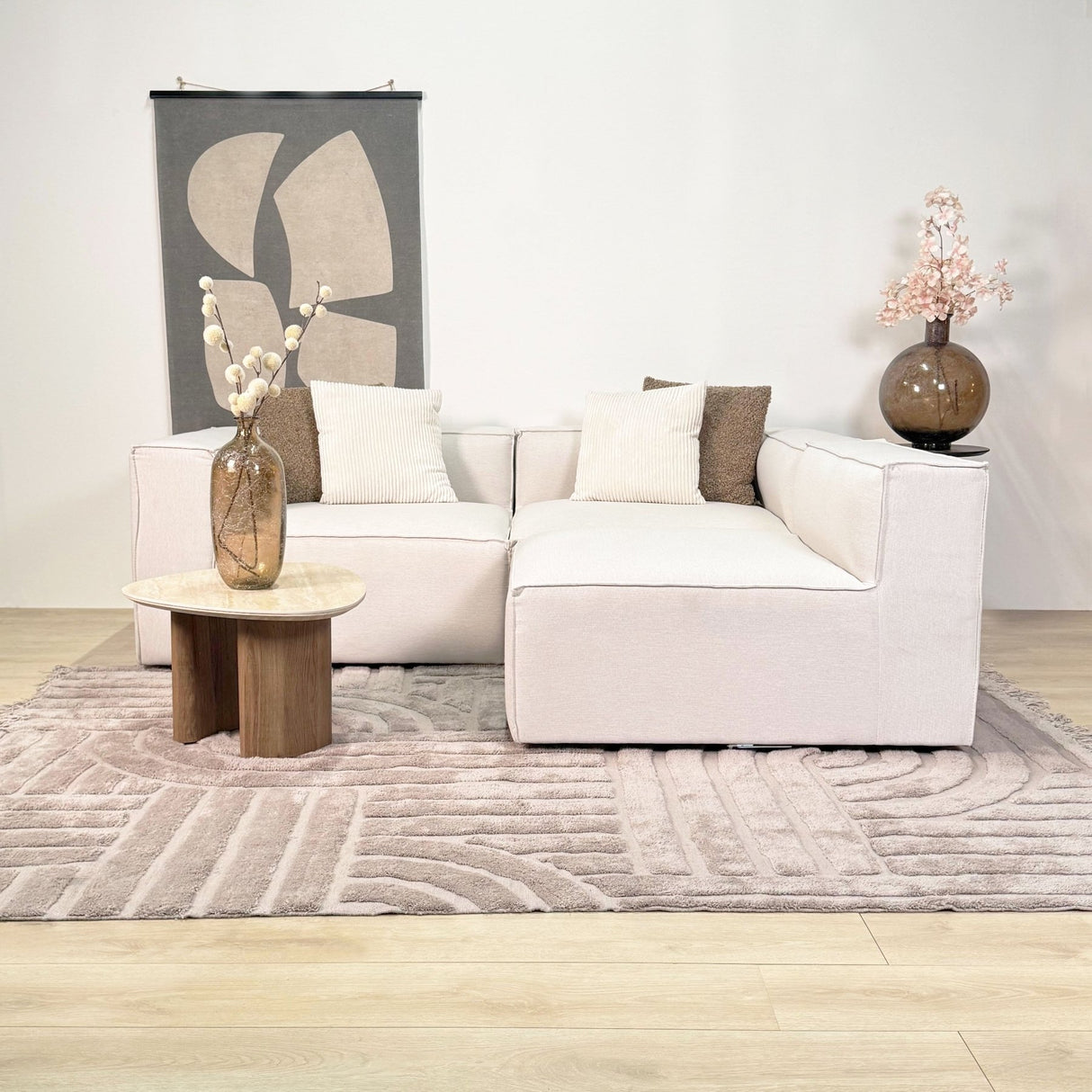 Canapé d'angle modulaire avec pouf détachable en tissu de lin beige écru Fora - gauche