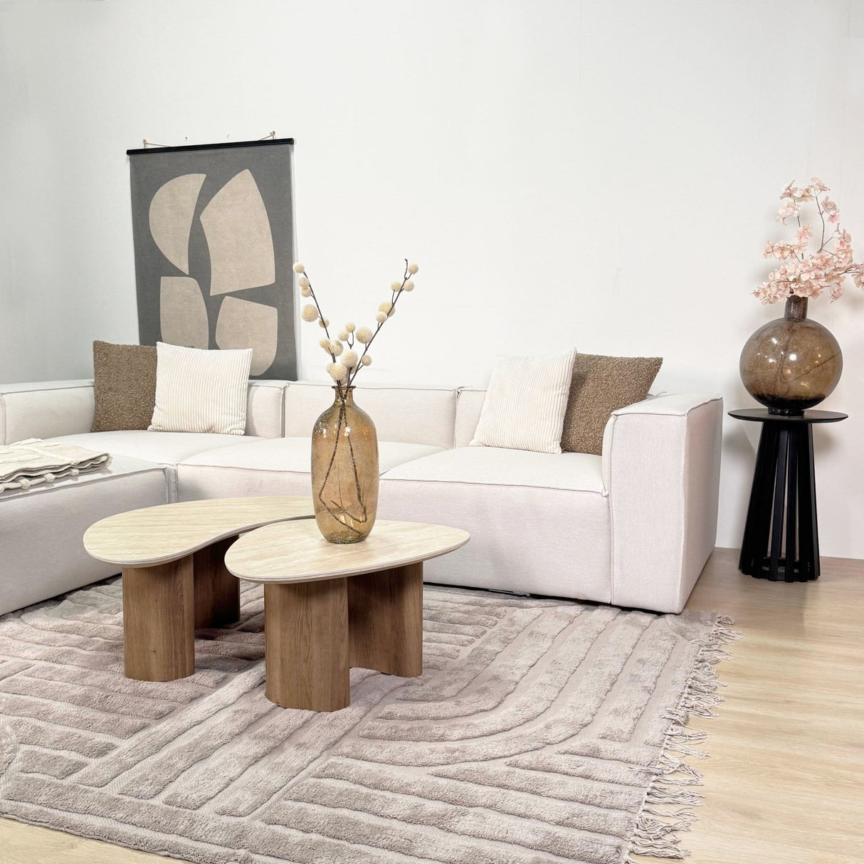 Canapé d'angle modulaire avec pouf détachable en tissu de lin beige écru Fora - gauche