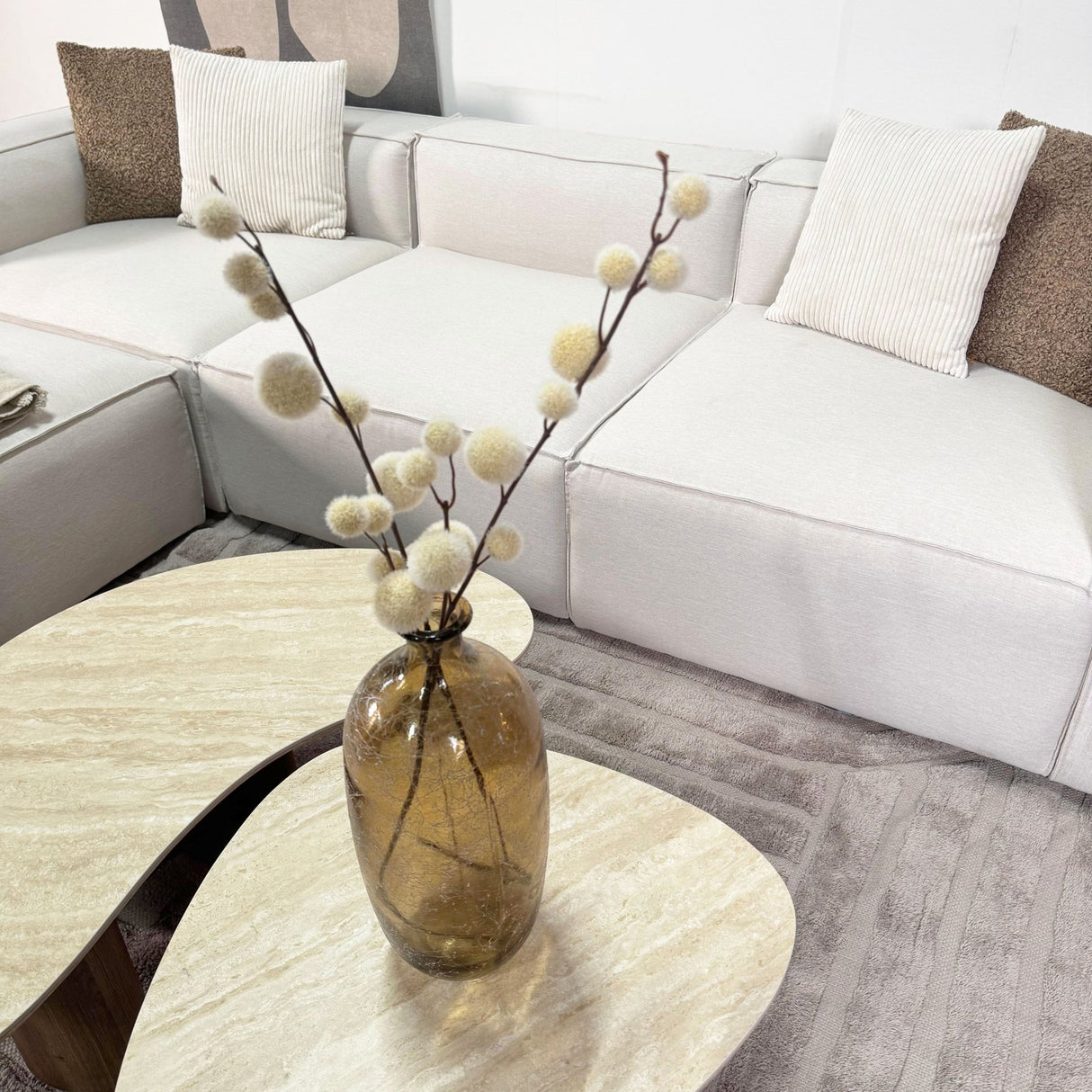 Canapé d'angle modulaire avec pouf détachable en tissu de lin beige écru Fora - gauche