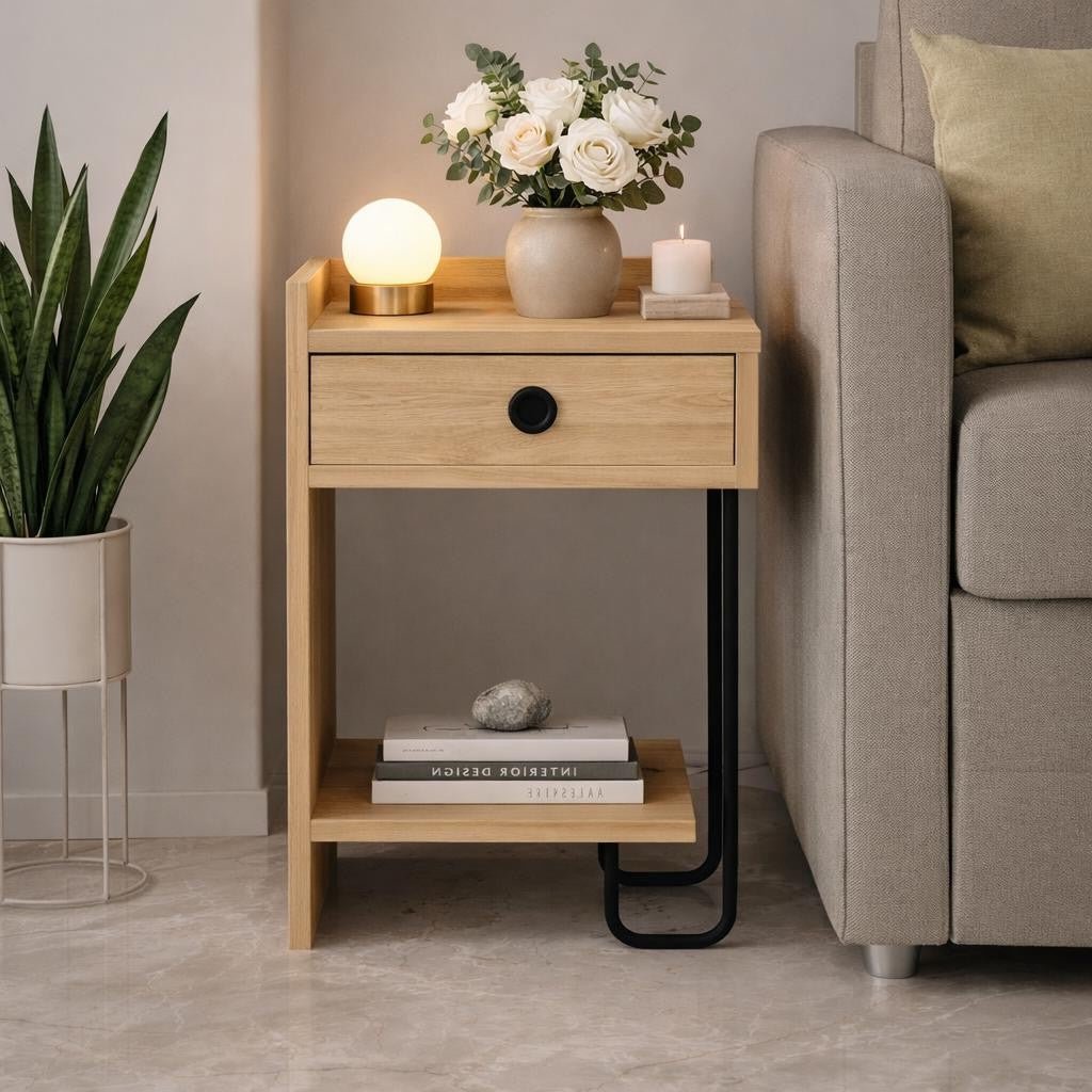 Nachtkastjes - Nachtkastje Sirius Left Eik Melamine 32x61x30 cm - Dimehouse