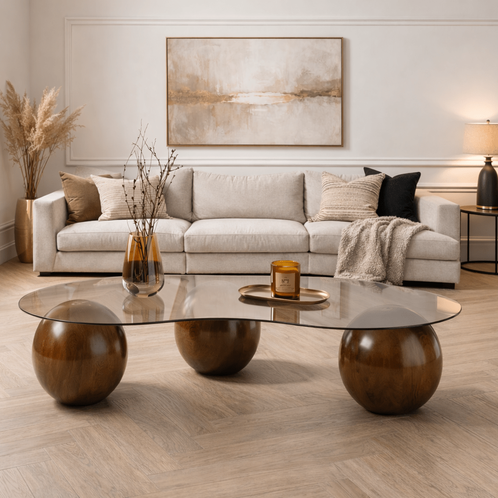 Table basse Sphere Noyer et Bronze 120x70 cm Verre trempé