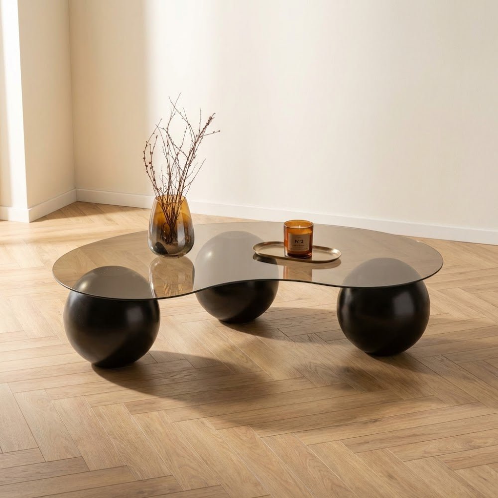 Table basse bio verre teinté bronze pieds boule noir Sphère 120x70 cm