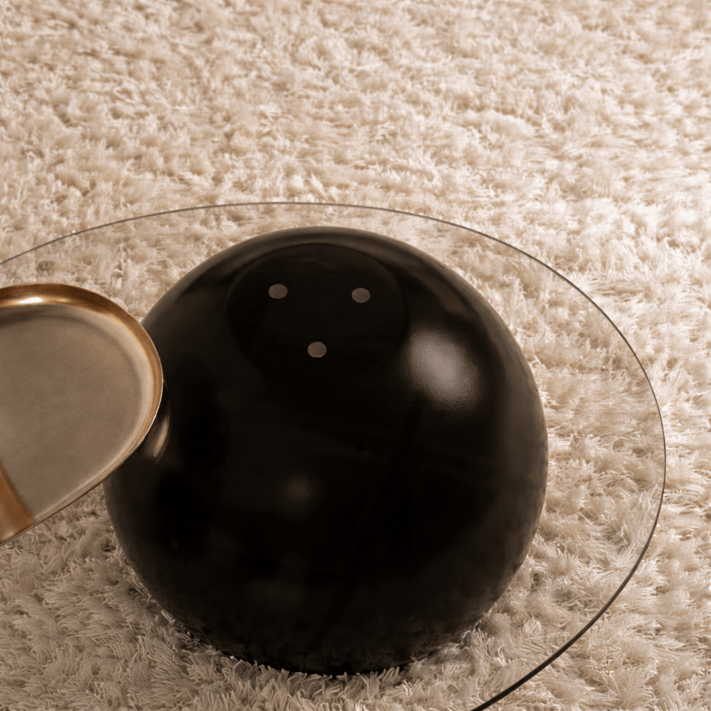 Table basse bio verre teinté bronze pieds boule noir Sphère 120x70 cm