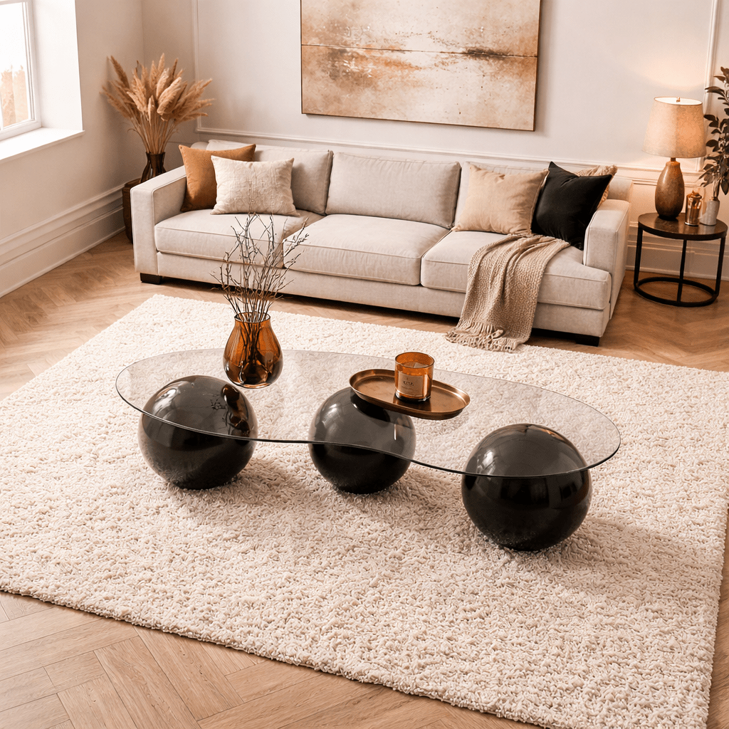 Table basse bio verre teinté bronze pieds boule noir Sphère 120x70 cm