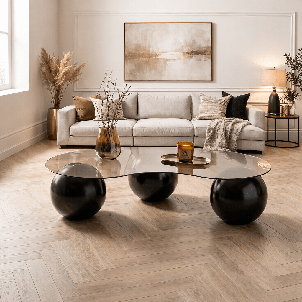 Table basse bio verre teinté bronze pieds boule noir Sphère 120x70 cm