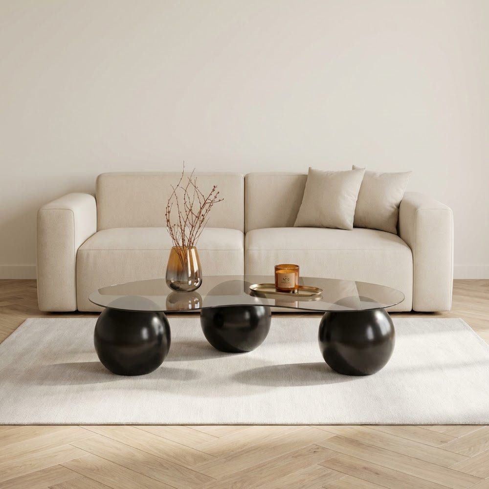 Table basse bio verre teinté bronze pieds boule noir Sphère 120x70 cm