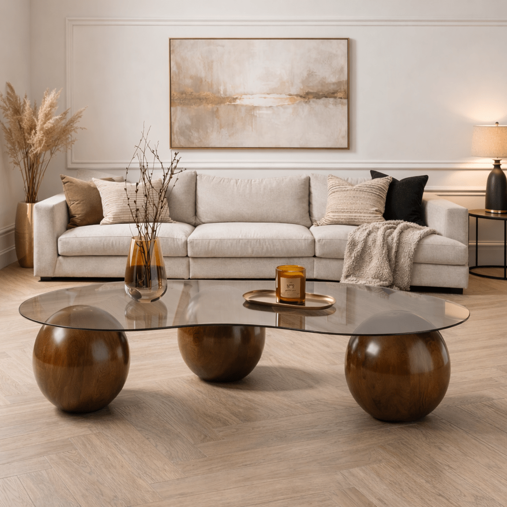 Table basse Sphere Noyer et Gris 120x70 cm Verre trempé